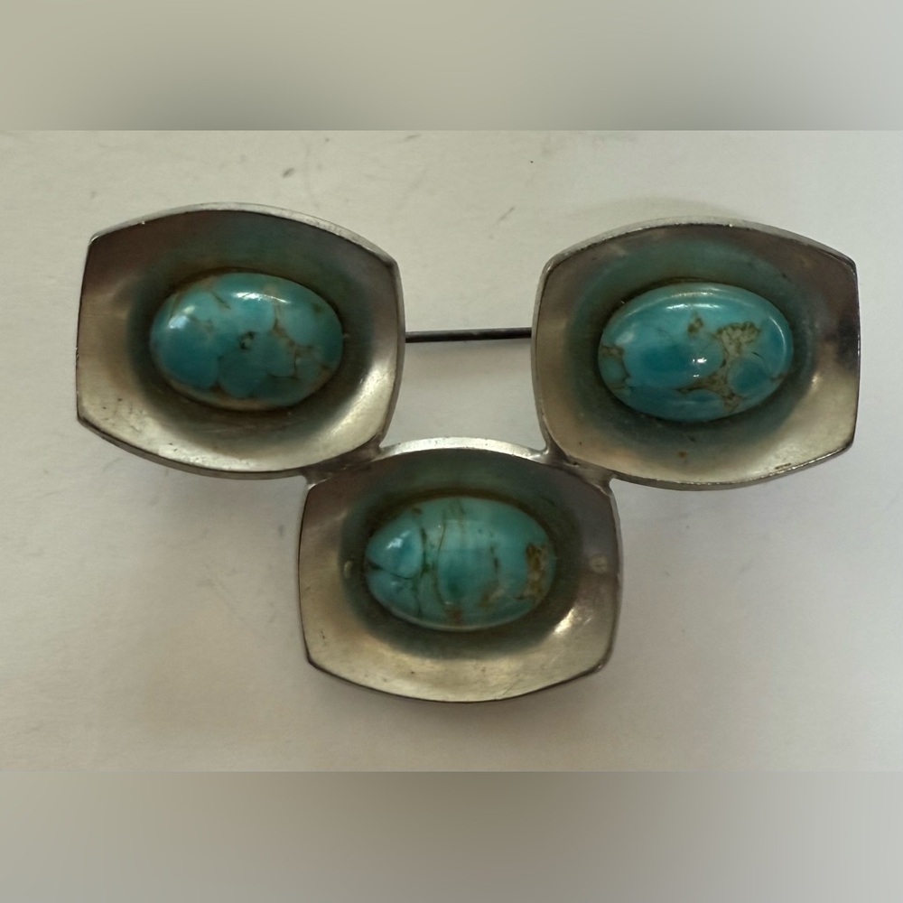 Vintage JORGEN JENSEN Pewter DENMARK Turquoise Abstract Modernist Pin Brooch
